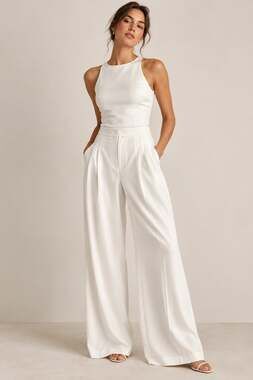 ILA Bridal Ivory Wide-Leg Trousers | Size 36 | High-Waist Pleated Pants